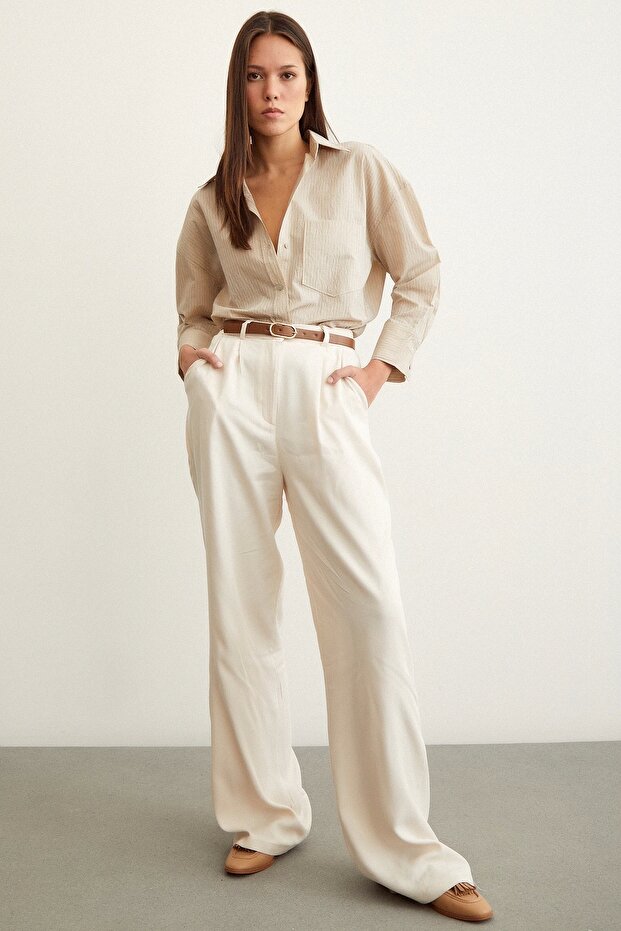 Çizgili Oversize Gömlek Bej - 2