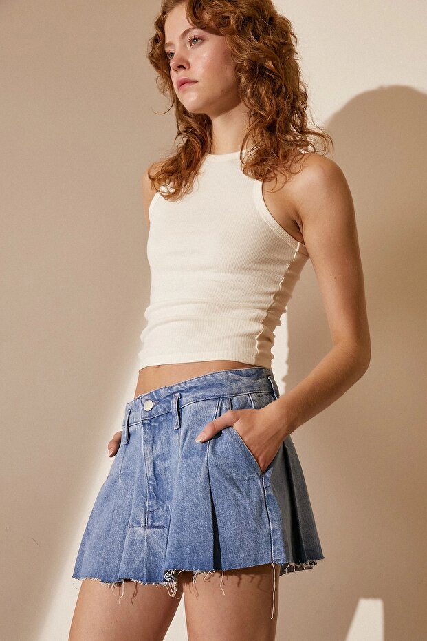 Pileli Jean Mini Etek - 4