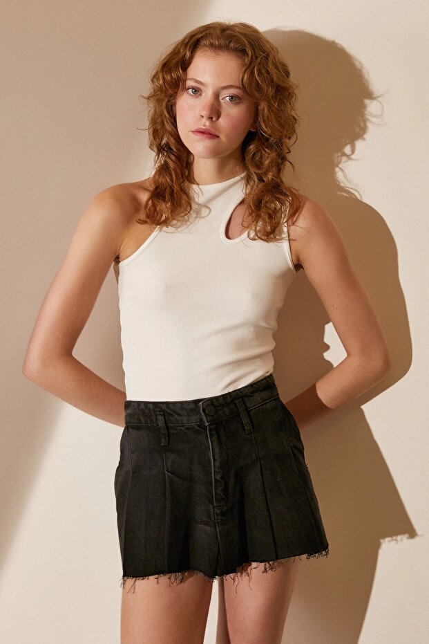 Pileli Jean Mini Etek - 1