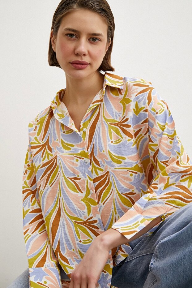 Baskılı Modal Gömlek Pudra - 1