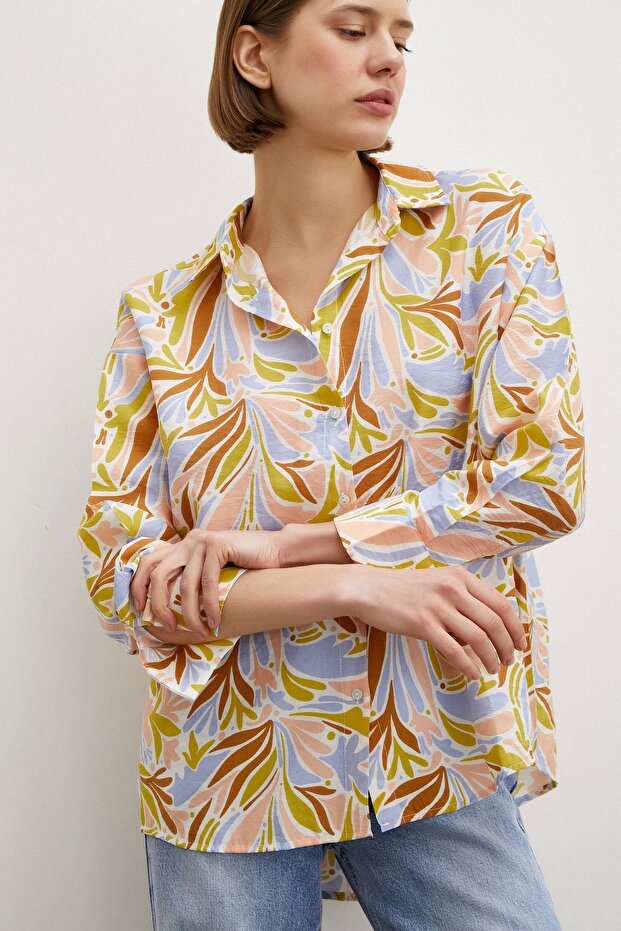 Baskılı Modal Gömlek Pudra - 6