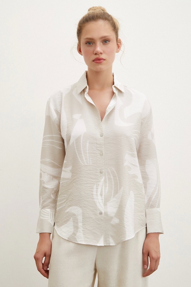 V Yaka Modal  Gömlek Bej - 2