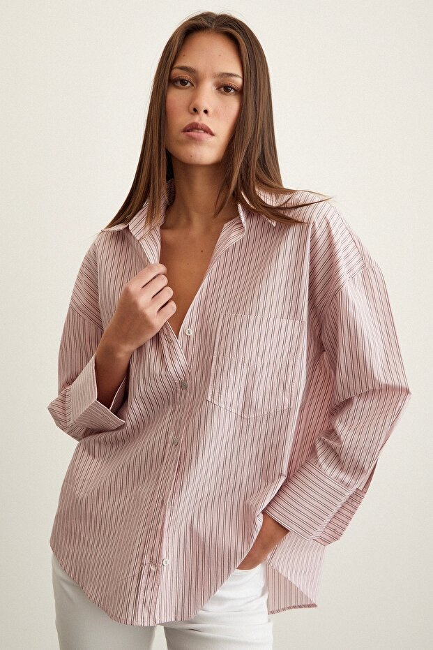 Oversize Çizgili Gömlek Pembe - 3