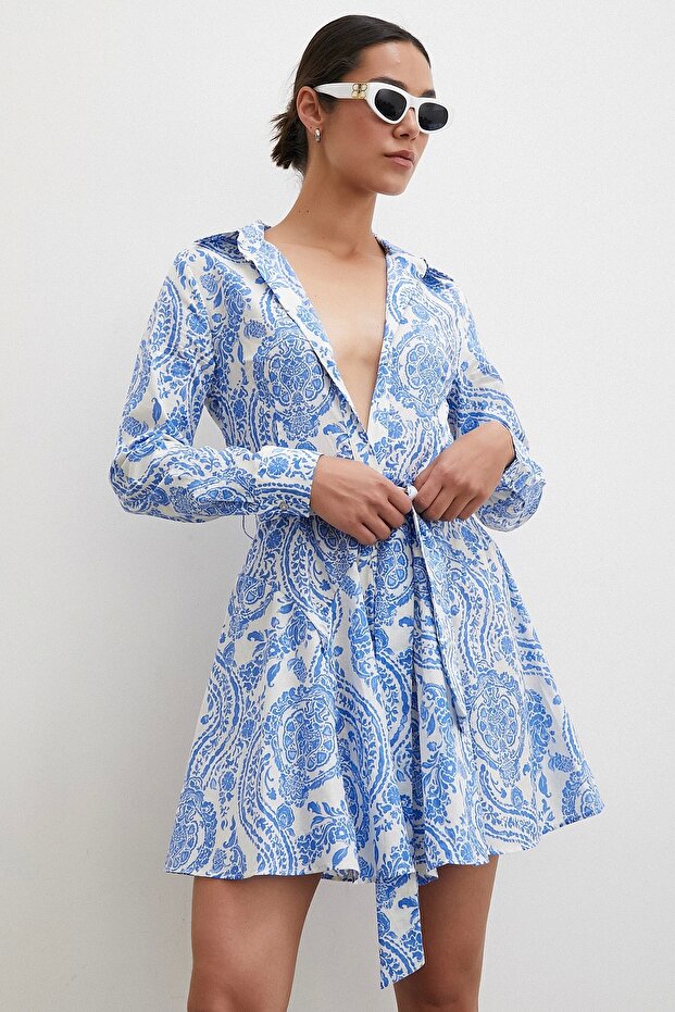 Godeli Desenli Elbise Mavi - 1