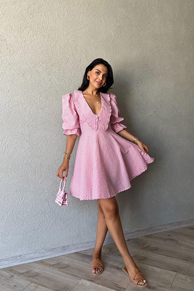 PinK Short Dress - Gingham Collar Detail