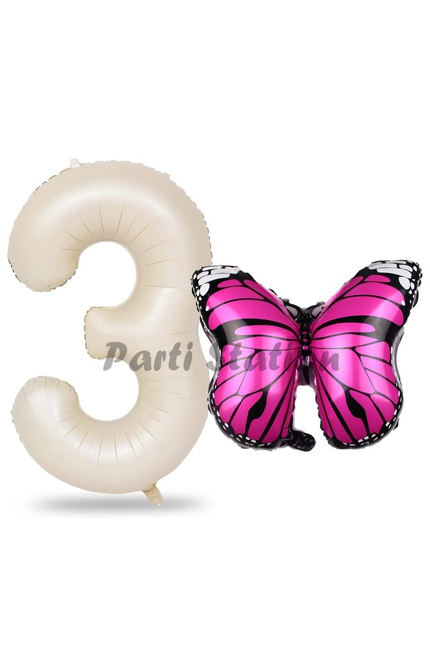 Pink Butterfly Balloon 3 Year Old Balloon Set Butterfly Concept Balloon and Cream Color Number Balloon