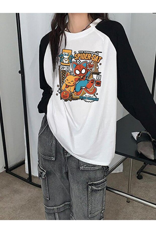 تي شيرت أبيض مطبوع بأكمام طويلة من Spider Cat Reglan