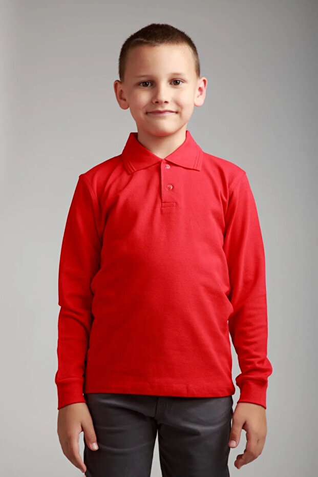 Polo Neck Unisex Kids T-Shirt - Gray, Long Sleeve, School - Nbl