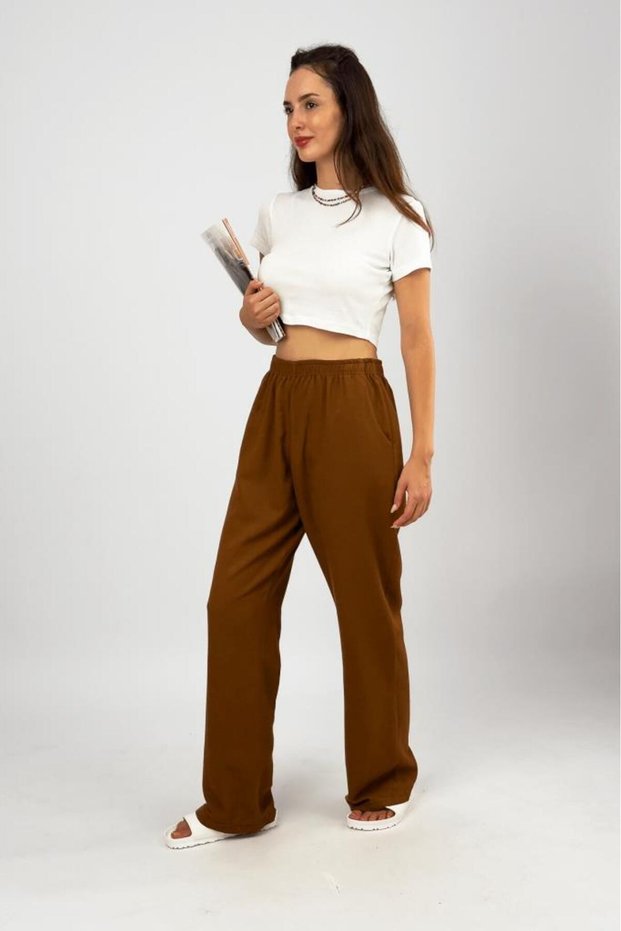 Women's Cotton Linen Pocketed Loose Fit Oversize Palazzo Trousers Brown
