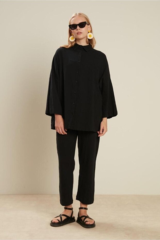 BAWEŁNIANE SPODNIE Z KREMEM CZARNE - 2