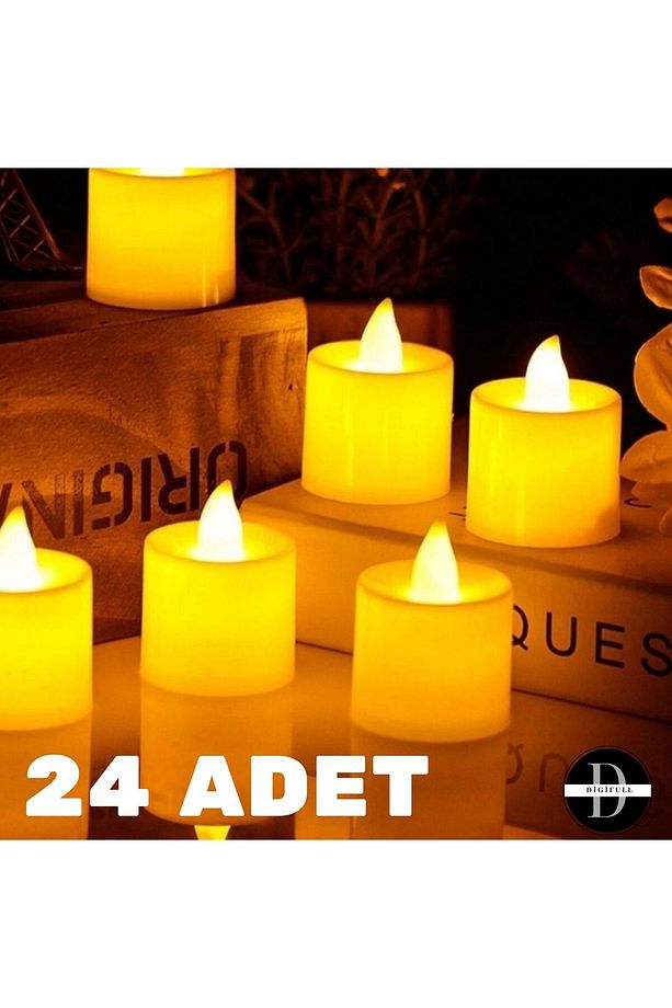 Ledli Mum Tealight Işıklı Dumansız Alevli Sarı Led Mum Pilli 24 Adet Pil Dahil - 1