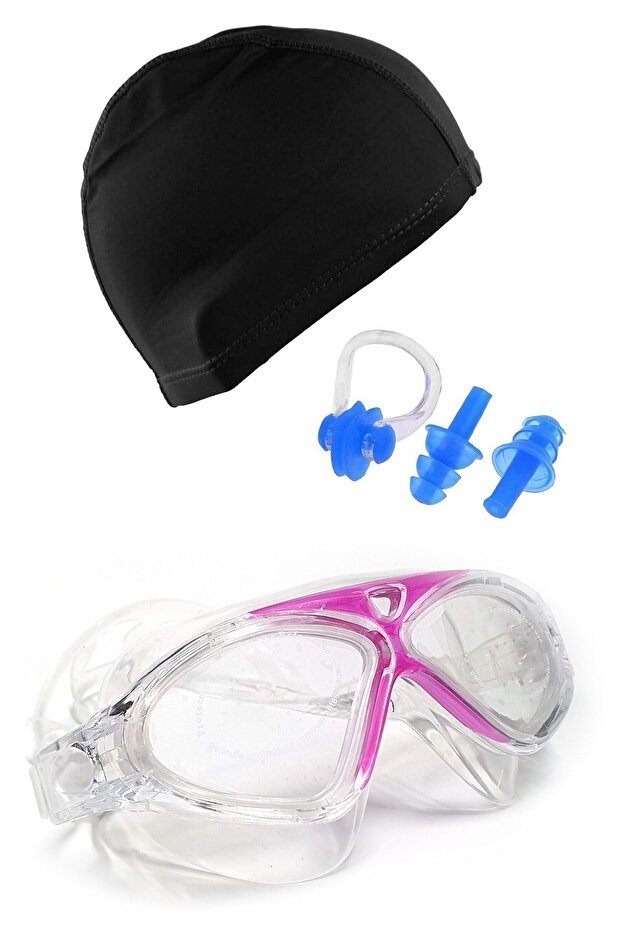 Waterproof Vacuum Swimming Goggles and Lycra Bonnet Earplug Nose Clip Set Full Pool Set