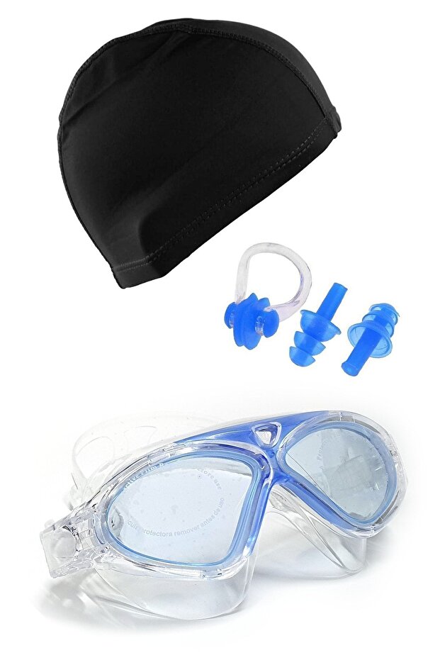 Waterproof Vacuum Swimming Goggles and Lycra Bonnet Earplug Nose Clip Set Full Pool Set