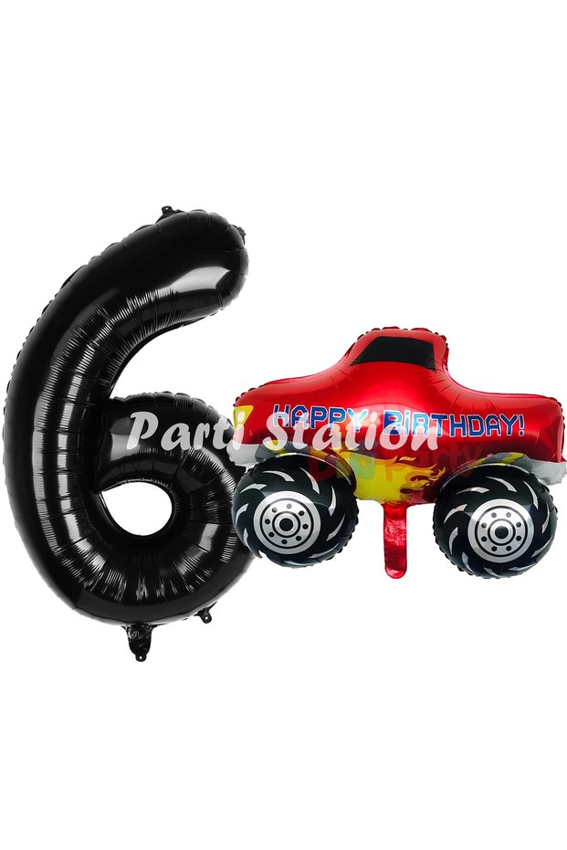 Monster Truck Balloon Set for 6 Years Old Cars Concept Monster Truck Balloon and Black Color Number Balloon