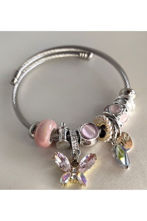 Steel Bracelet with Butterfly and Love Charm