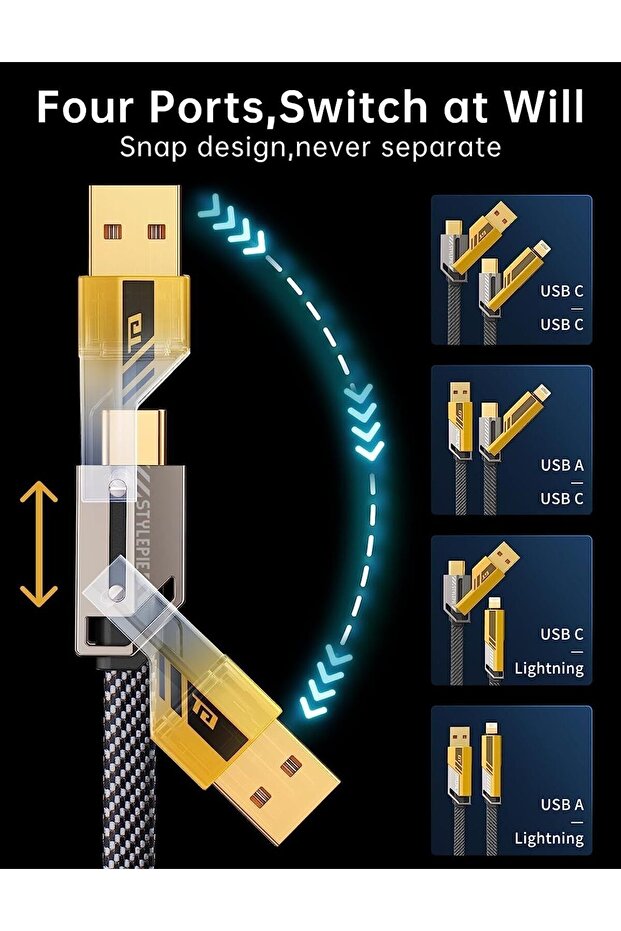 4'in1 Örgülü 1.5 Mt Usb-c Ve Lightning 5a 100w Hızlı Çoklu Şarj Ve Data Kablosu Çoklu Kombinasyon - 2