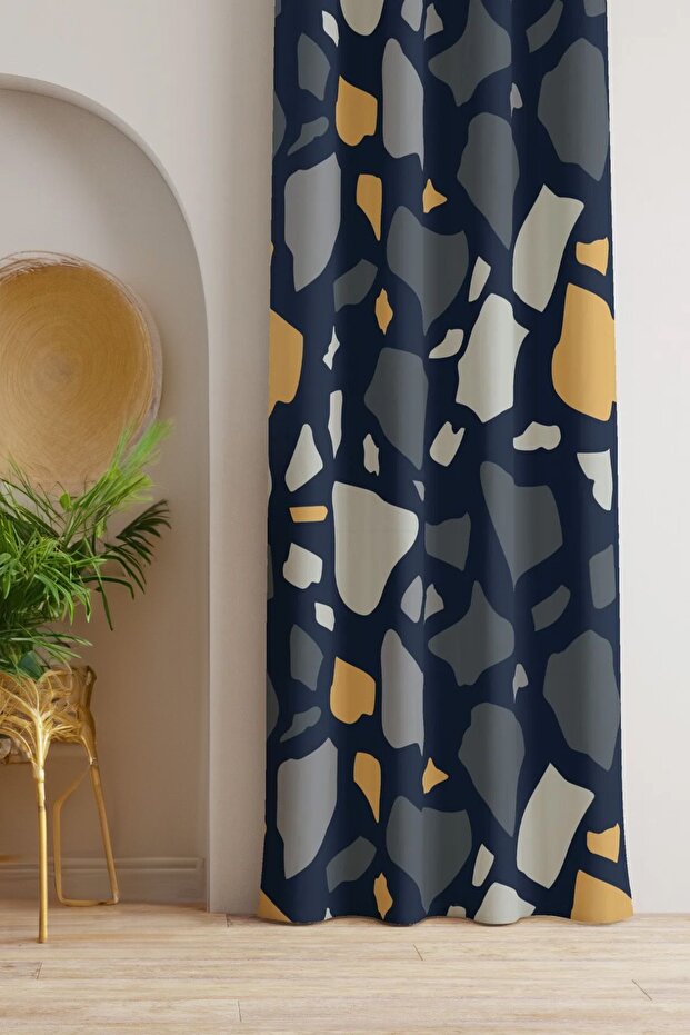 Dark Blue Stone Pattern Background Curtain Young Room Living Room Hall (Beware of the Size)