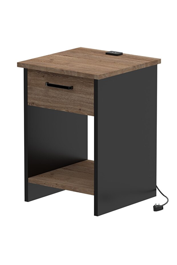 Modern Night Stand with USB Ports, Storage Shelves, and Drawer - Truffle Davos Oak/Black