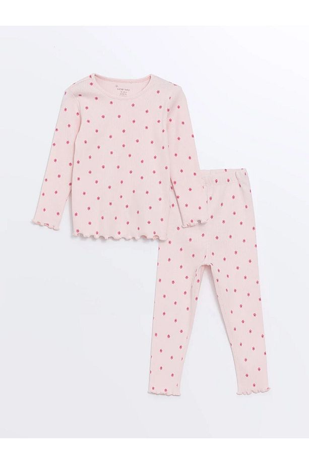 LCW baby Bisiklet Yaka Uzun Kollu Çiçekli Kız Bebek Pijama Takımı - 1