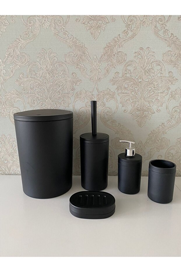 5-Piece Black Silver Mat Bathroom Set - Wc Brush Holder, Liquid - Solid Soap Dispenser, Trash Can, Toothbrush Holder