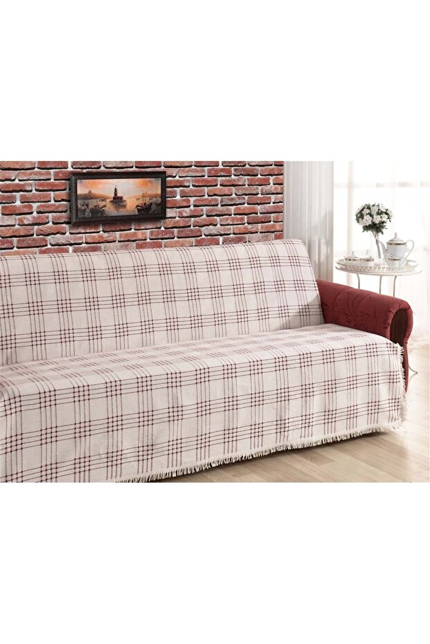 Claret Red striped Cotton sleeveless sofa and sofa Bed Cover - Set of Three