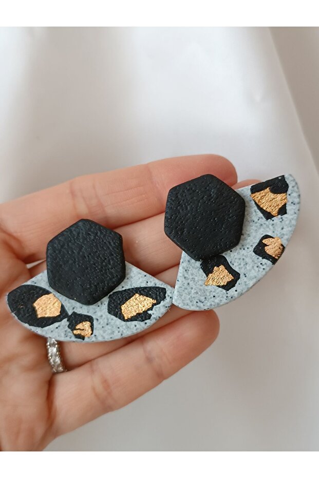 Polymer Clay Apparatus Earrings with Black Stone Effect and Leopard Pattern - Gold Detail