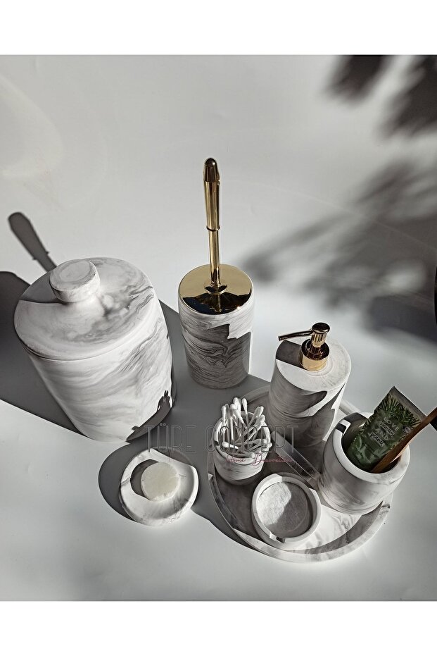 Marble Look Bathroom Set Trash Can, Toilet Brush, Tray, Soap Dish, Cotton Holder, Faucet Holder