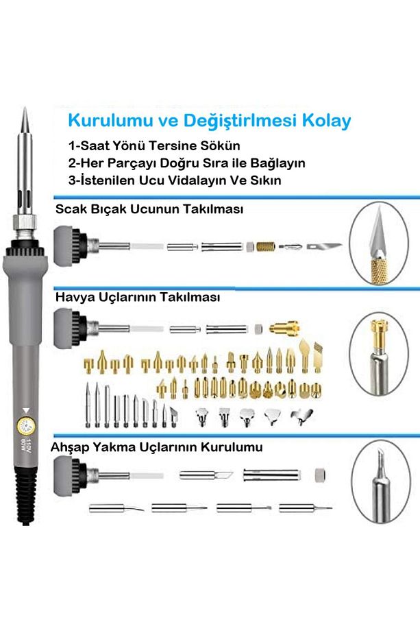 Havya seti 60W 220V Isı Ayarlı 37 Parça Ahşap Yakma Elektrikli Havya Seti Lehim Seti - 2