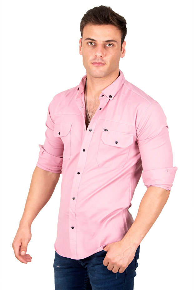 Men's Pink Lycra Snap Fastener Double Pocket Shirt with Stitching Detail 2300419