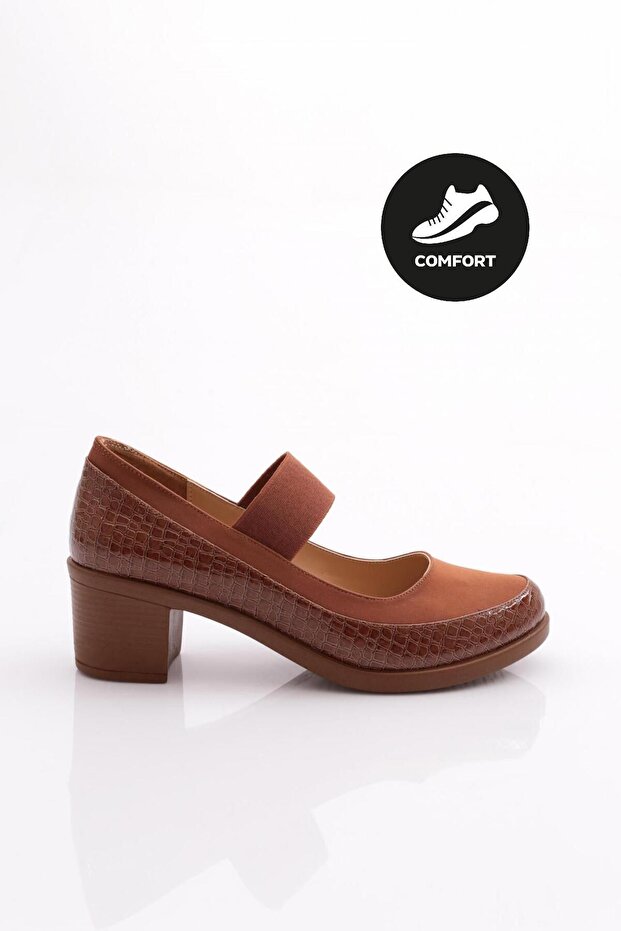 Kadın Üstü Tek Şeritli Topuklu Ayakkabı Taba Kroko 341723648 - 1