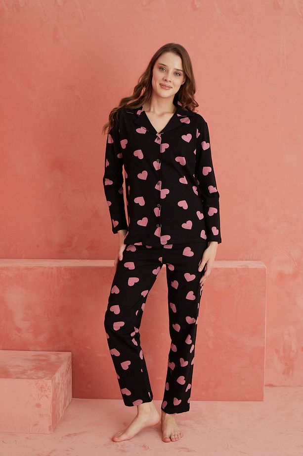 Siyah Kalp Desenli Uzun Kollu Örme Önden Düğmeli Pijama Takımı - 2