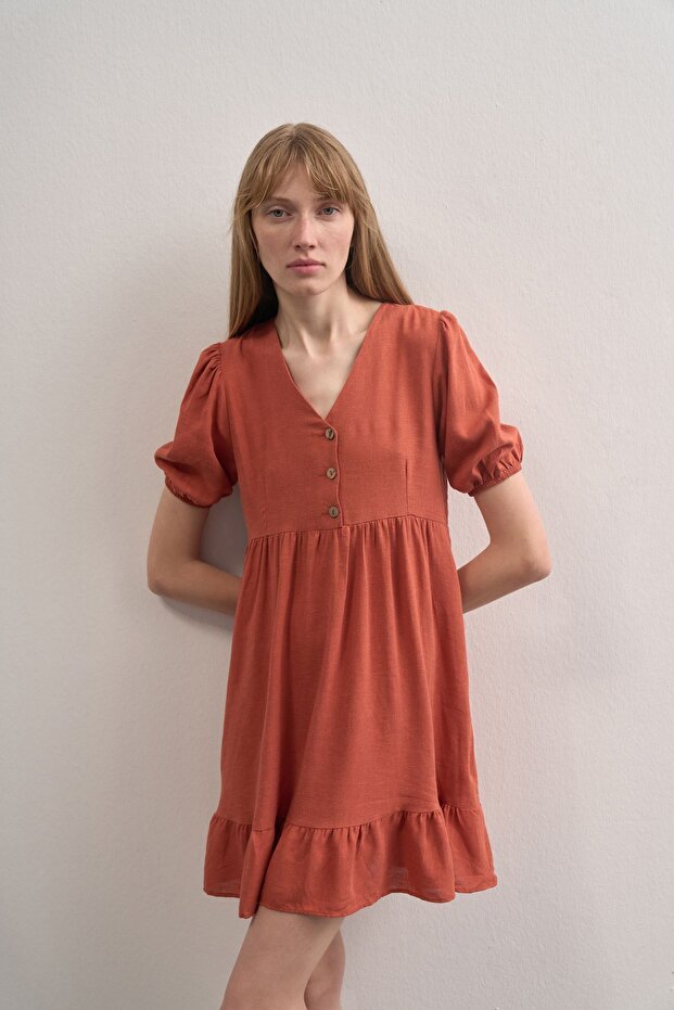 Kadın V Yaka Linen Elbise - 6