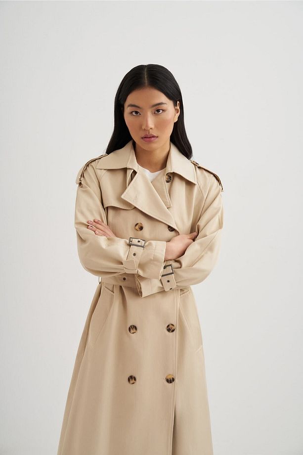 Kadın Ekru Önü Çift Sıra Kruvaze Düğmeli Kuşaklı Su Geçirmez Private Edition Oversize Trençkot - 4