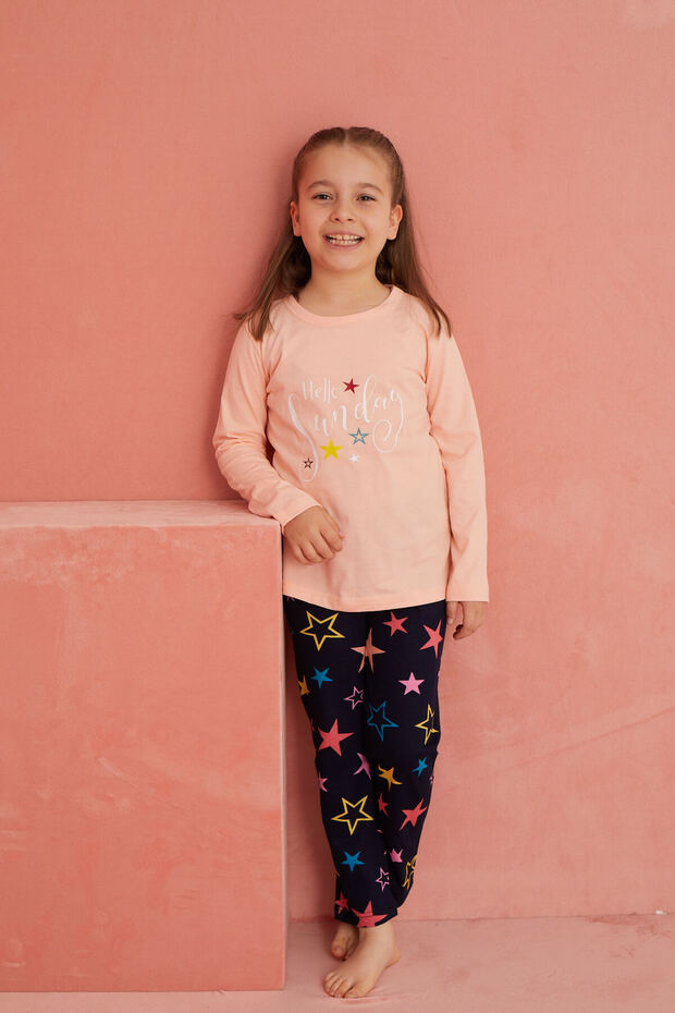 Somon Yıldızlı Baskılı Desenli Uzun Kollu Örme Pijama Takımı - 3