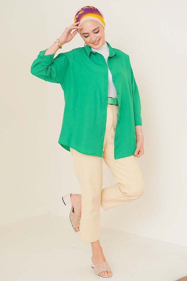 103901 Oversize Basic Tesettür Gömlek - Yeşil zümrüt - 2
