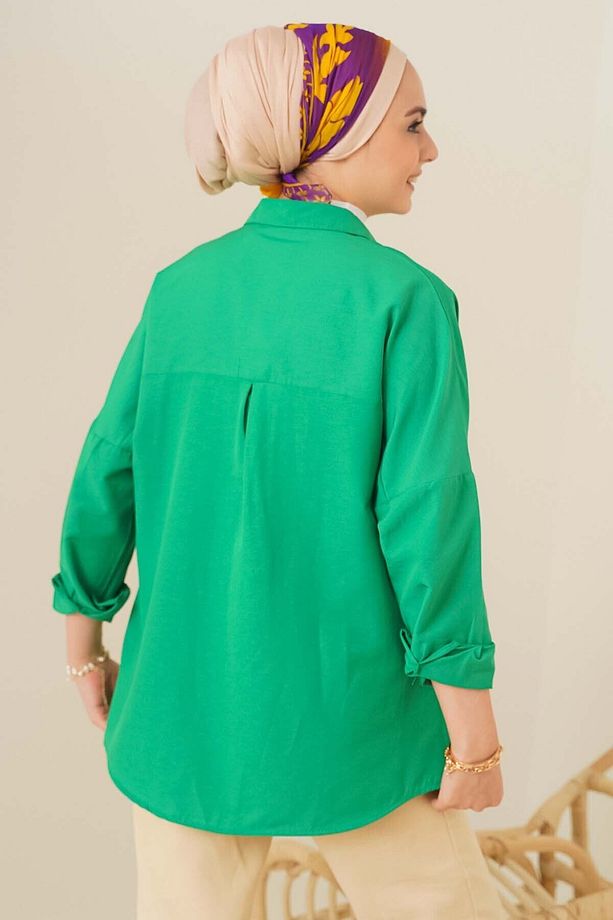 103901 Oversize Basic Tesettür Gömlek - Yeşil zümrüt - 3