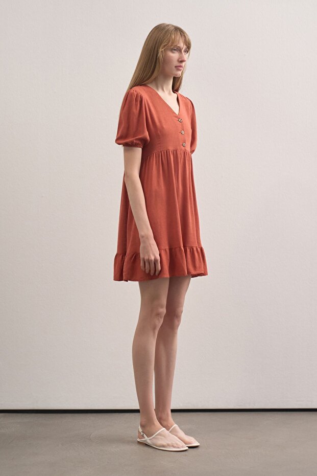 Kadın V Yaka Linen Elbise - 2