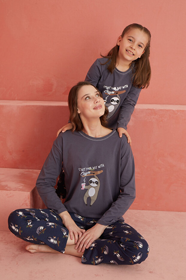 Füme Koala Baskılı Desenli Uzun Kollu Örme Pijama Takımı - 1