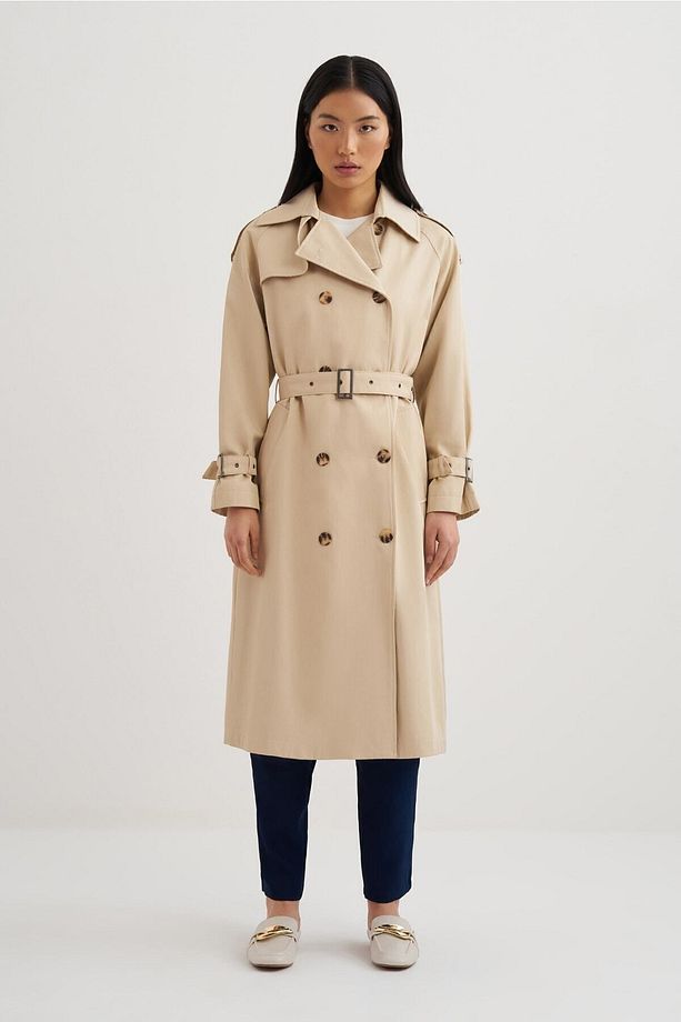 Kadın Ekru Önü Çift Sıra Kruvaze Düğmeli Kuşaklı Su Geçirmez Private Edition Oversize Trençkot - 1