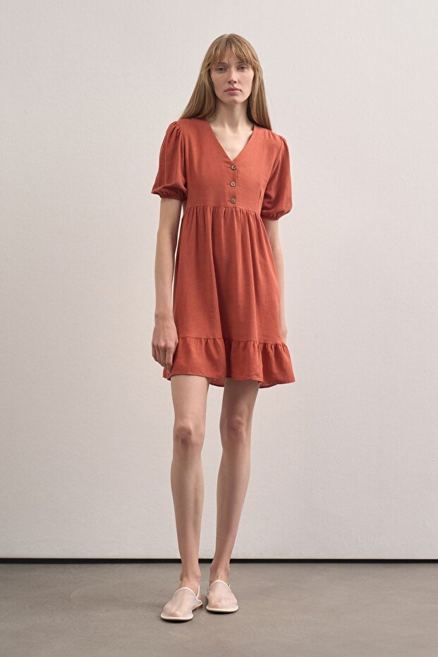 Kadın V Yaka Linen Elbise - 3