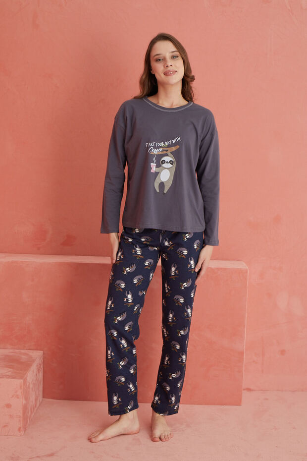 Füme Koala Baskılı Desenli Uzun Kollu Örme Pijama Takımı - 2