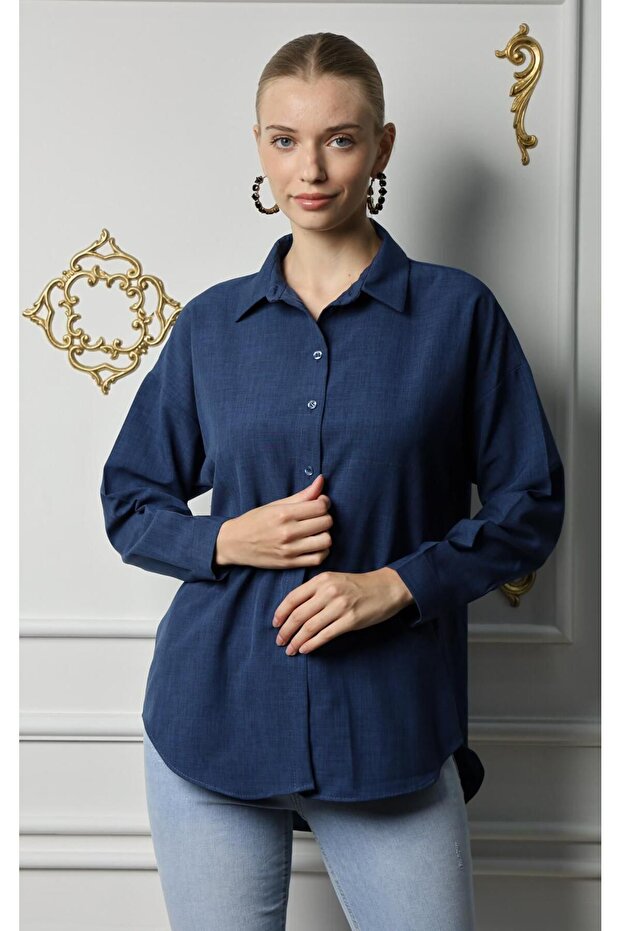 Long Sleeve Cationic Linen Shirt -Buluzwith Buttons and Collar
