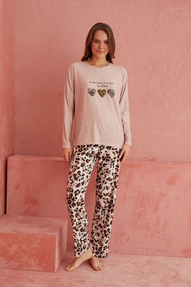 Vizon Baskılı Leopar Desenli Uzun Kollu Örme  Pijama Takımı - 2