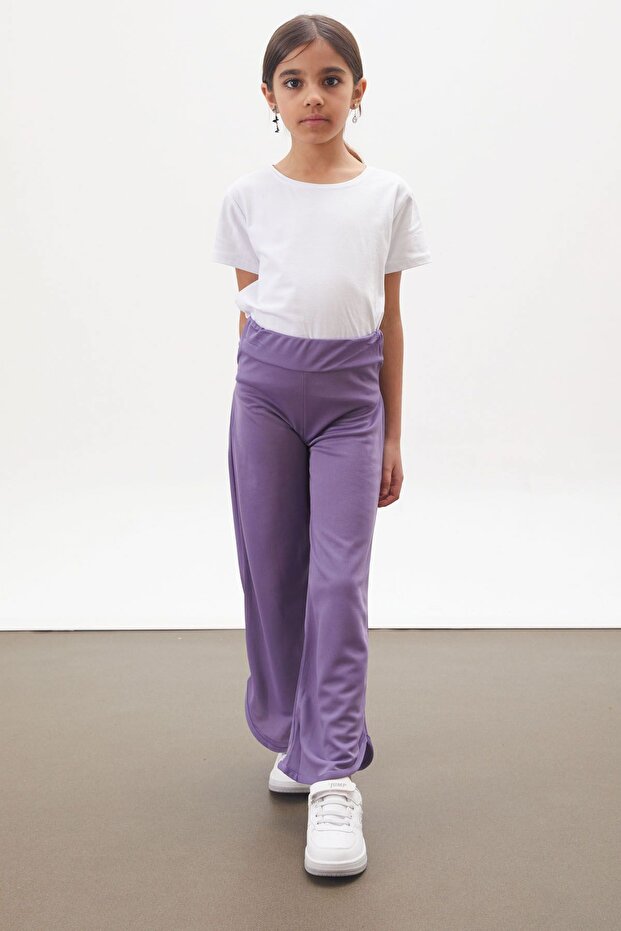 Lilac Slit Leg Belted Viscose Fabric Girl's Trousers 18101