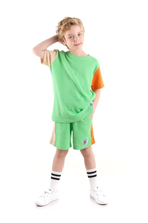 Kids Boy's Sleeve Garnished Waffle Capri Bottom Top Set Cotton Ak2526