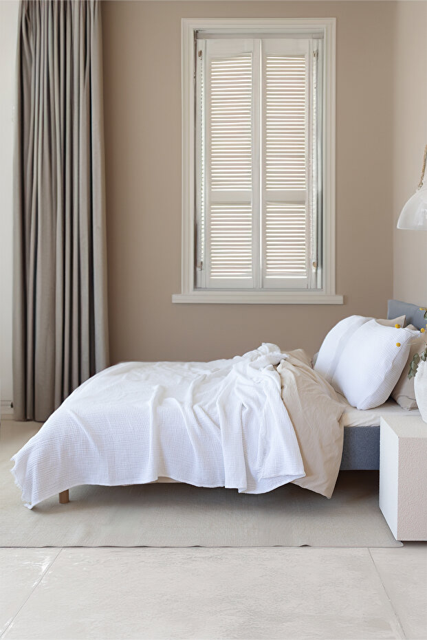 Single Pique Bedspread 4 Layers Muslin Cotton Double Sided White Color 160X240 cm