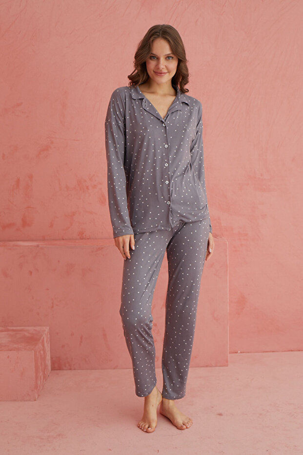 Gri Puan Desenli Bambu Önden Düğmeli Uzun Kol Pijama Takımı - 2
