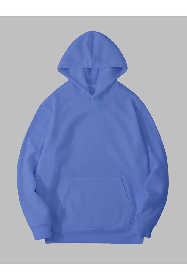 3 Thread Blue/Pink Unprinted Kangaroo Pocket K Hooded Women Men Sweatshirt Hoodie