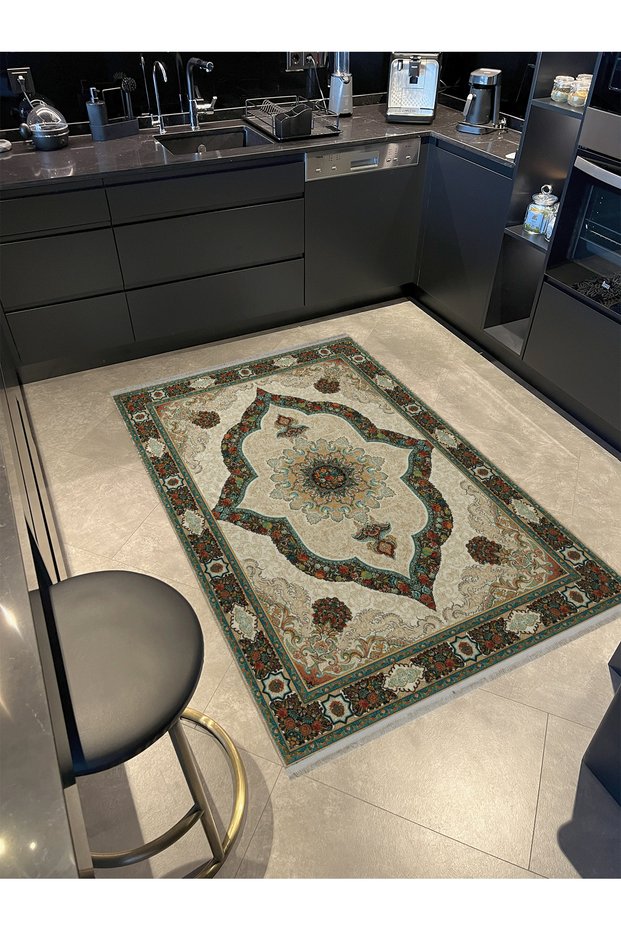 Beige Patterned Antique Design Series Decorative Carpet with Multicolored Border Detail Antique144