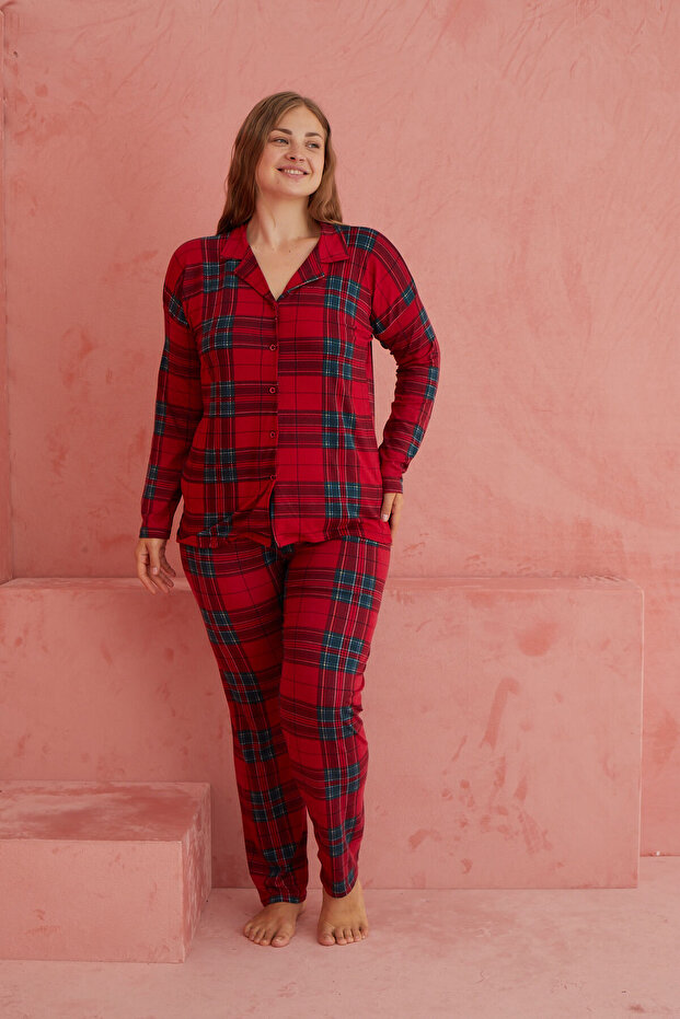 Ekose Desenli Bambu Önden Düğmeli Uzun Kol Pijama Takımı - 2